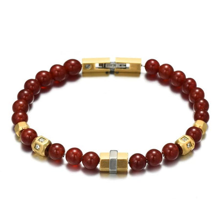 Bracelet homme perles rouges rondes éléments dorés hexagonales cylindriques fermoir rectangulaire