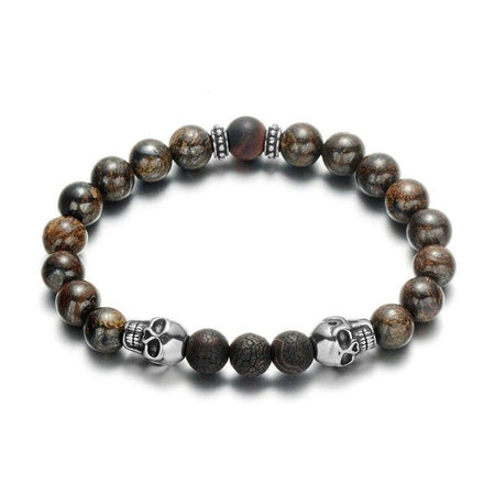 Bracelet homme perles tête de mort argentées perles marbrées disques ciselés cordon élastique