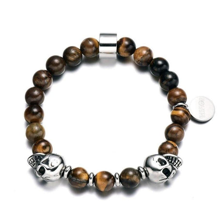 Bracelet homme perles tête de mort crânes sculptés perles brun châtaigne veinées