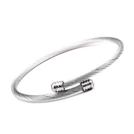 Bracelet jonc homme acier torsadé finition argentée brillante embouts cylindriques rainurés