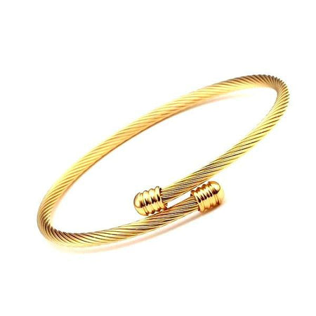 Bracelet jonc homme acier torsadé finition dorée brillante embouts cylindriques rainurés