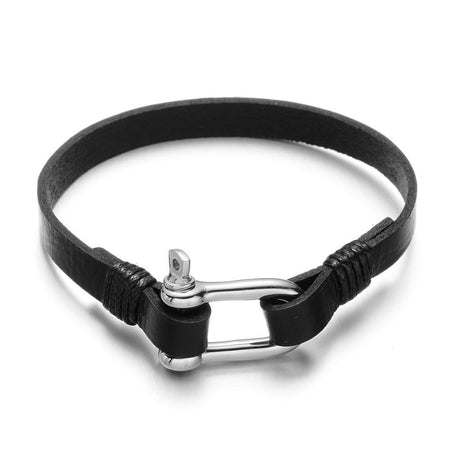 Bracelet manille homme cuir noir naturel et acier argenté avec vis rotative