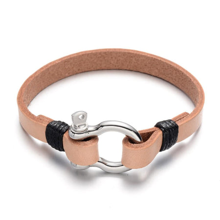 Bracelet manille homme cuir beige et acier argenté avec fermoir nautique
