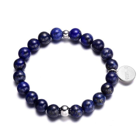 Bracelet perles bleues homme sphériques reflets marbrés deux perles argentées médaillon gravé