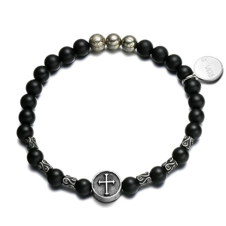 Bracelet perles croix homme boules noires mates croix gravée métal argenté intercalaires ornées