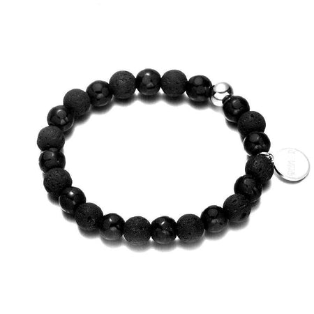 Bracelet perles de lave homme pierre volcanique noire avec charm argenté circulaire