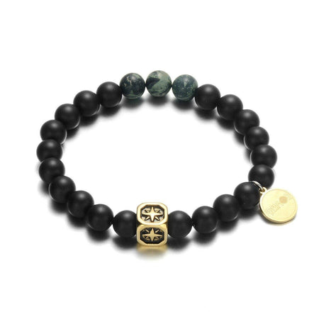 Bracelet perles homme noires mates avec étoiles dorées et plaque ronde polie