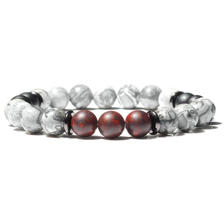 Bracelet perles homme tendance avec perles rouges texturées et motifs marbrés gris blancs