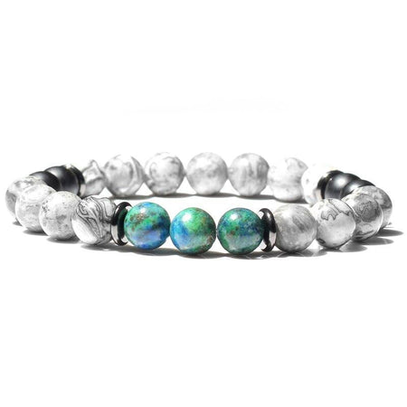 Bracelet perles homme tendance avec perles turquoises texturées et motifs marbrés gris blancs