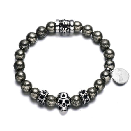 Bracelet perles homme tête de mort acier sculptée avec anneaux métalliques ornés