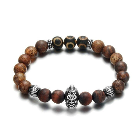 Bracelet perles marrons homme avec tête guerrière argentée et perles noires gravées