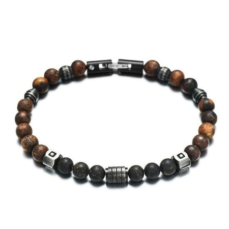 Bracelet perles onyx homme noir brun intercalaires métalliques fermoir clips