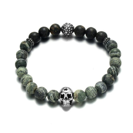 Bracelet perles tête de mort homme perles marbrées noires grises tête mort argentée étoile