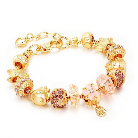 Bracelet pour ado fille doré avec perles, charms, fleurs sculptées et cristaux roses facettés