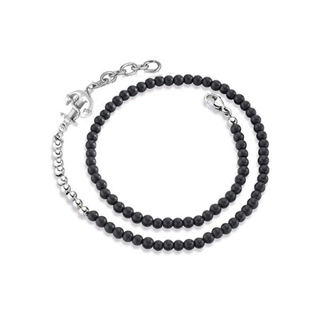 Bracelet homme ancre marine avec billes noires et argentées, chaîne polie, fermoir mousqueton