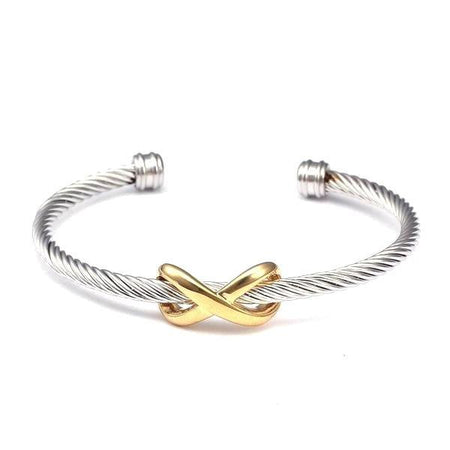 Bracelet pour homme en acier inoxydable jonc torsadé bi-ton symbole infini central doré