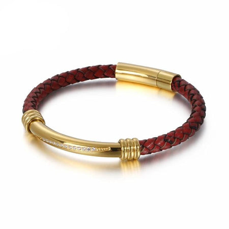 Bracelet homme cuir rouge tressé avec élément métallique doré et cristaux incrustés, fermoir cylindrique discret