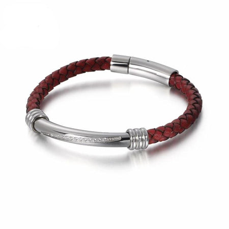 Bracelet homme cuir rouge tressé avec pièce centrale argentée cristallisée