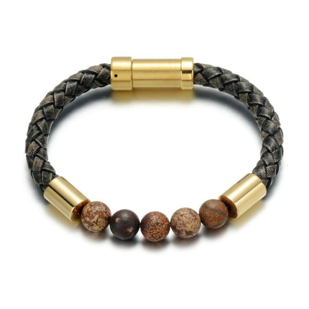 Bracelet homme cuir tressé noir avec perles marron marbrées et fermoir acier doré