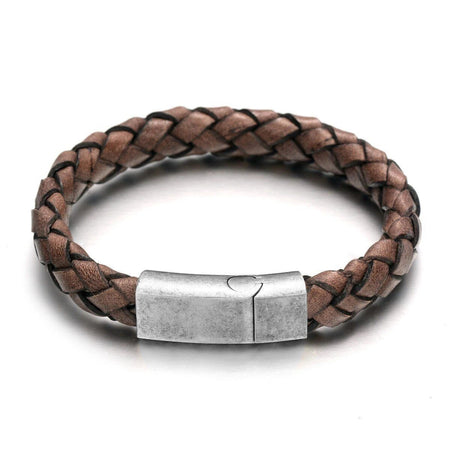 Bracelet homme cuir tressé marron avec fermoir acier brossé patiné style authentique