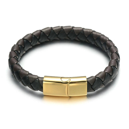 Bracelet homme cuir noir tressé avec fermoir acier doré design épuré